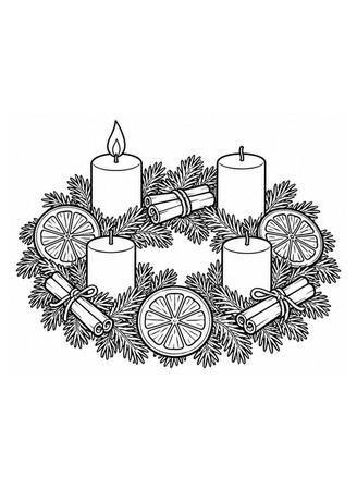 Ausmalbild Adventskranz mit Orangenscheiben und Zimtstangen