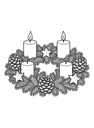 Ausmalbild Adventskranz mit Sternen und Tannenzapfen