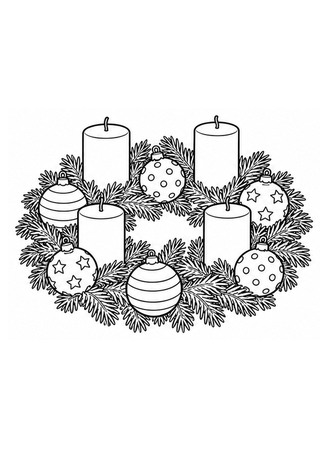 Ausmalbild Adventskranz mit Weihnachtskugeln