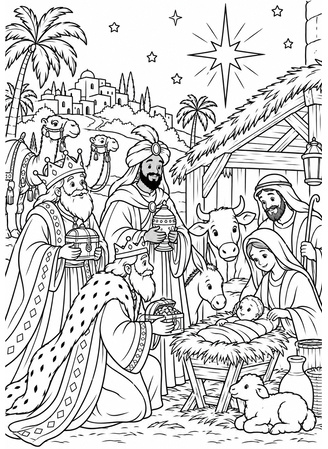 Ausmalbild Heilige Drei Könige beim Jesuskind