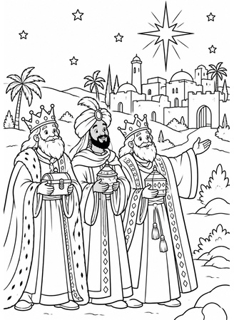 Ausmalbild Heilige Drei Könige vor Bethlehem