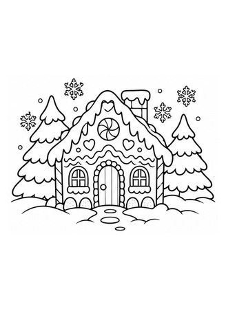 Ausmalbild Lebkuchenhaus im Winterwald
