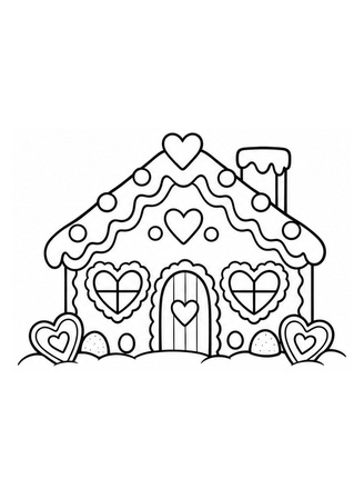 Ausmalbild Lebkuchenhaus mit Herzfenstern