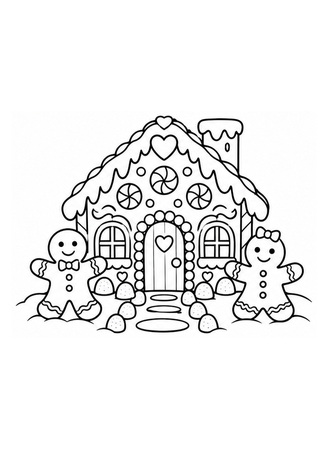 Ausmalbild Lebkuchenhaus mit Lebkuchenmännchen