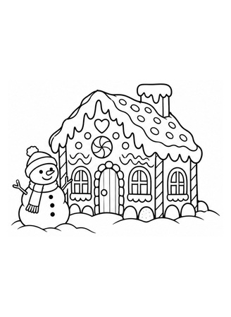 Ausmalbild Lebkuchenhaus mit Schneemann