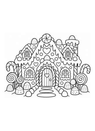 Ausmalbild Lebkuchenhaus mit vielen Süssigkeiten