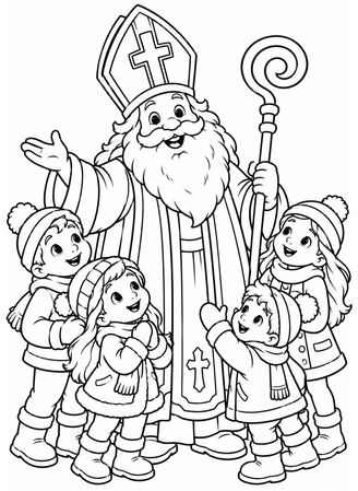 Ausmalbild Heiliger Nikolaus begrüsst Kinder