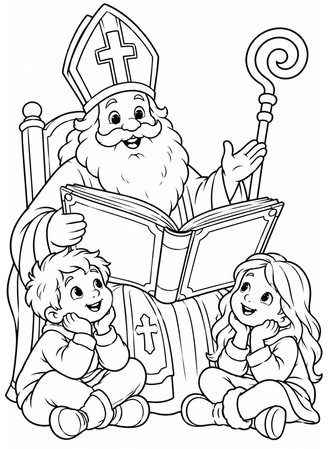 Ausmalbild Heiliger Nikolaus liest Kindern vor