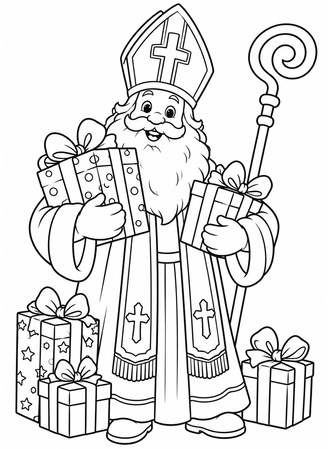Ausmalbild Heiliger Nikolaus mit Geschenken und Bischofsstab