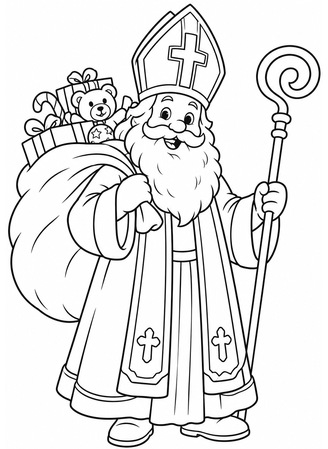 Ausmalbild Heiliger Nikolaus mit Geschenkesack und Bischofsstab