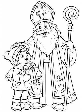 Ausmalbild Heiliger Nikolaus mit Kind und Geschenk