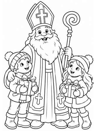 Ausmalbild Heiliger Nikolaus mit zwei Kindern