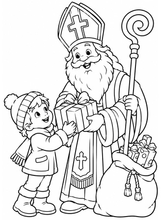 Ausmalbild Heiliger Nikolaus überreicht Kind Geschenk