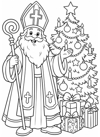 Ausmalbild Heiliger Nikolaus vor Weihnachtsbaum