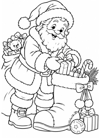 Ausmalbild Nikolaus legt Geschenke in Nikolausstiefel