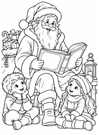 Ausmalbild Nikolaus liest Kindern vor