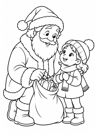 Ausmalbild Nikolaus mit Kind und Geschenkesack