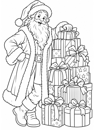 Ausmalbild Nikolaus neben Geschenkestapel