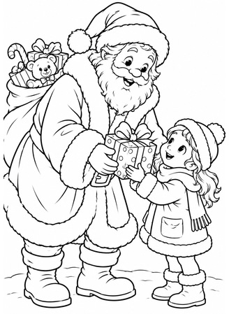 Ausmalbild Nikolaus überreicht Kind Geschenk