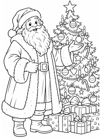 Ausmalbild Nikolaus vor Weihnachtsbaum