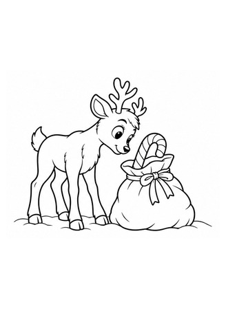 Ausmalbild Rentier mit Zuckerstange und Geschenkesack