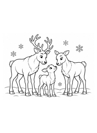 Ausmalbild Rentierfamilie im Schnee