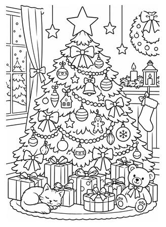 Ausmalbild Detaillierter Weihnachtsbaum mit Geschenken und Dekoration
