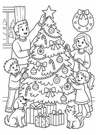 Ausmalbild Familie schmückt den Weihnachtsbaum