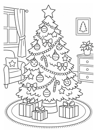 Ausmalbild Grosser geschmückter Weihnachtsbaum im Wohnzimmer
