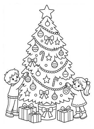 Ausmalbild Kinder schmücken den Weihnachtsbaum