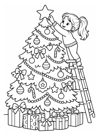 Ausmalbild Weihnachtsbaum beim Schmücken mit Leiter
