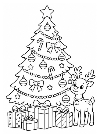 Ausmalbild Weihnachtsbaum mit Rentier und Geschenken