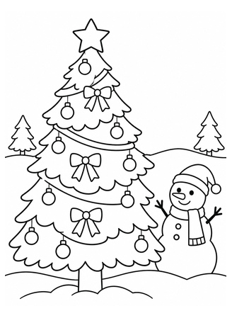 Ausmalbild Weihnachtsbaum mit Schneemann