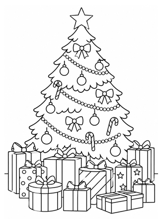 Ausmalbild Weihnachtsbaum mit vielen Geschenken