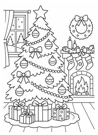 Ausmalbild Weihnachtsbaum neben dem Kamin