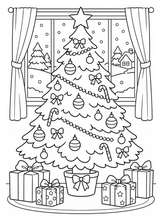 Ausmalbild Weihnachtsbaum vor Fenster mit Schnee
