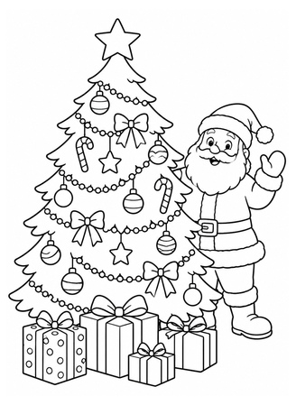 Ausmalbild Weihnachtsmann neben dem Weihnachtsbaum