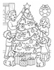 Ausmalbild Familie schmückt den Weihnachtsbaum