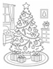 Ausmalbild Grosser geschmückter Weihnachtsbaum im Wohnzimmer