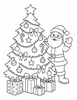 Ausmalbild Weihnachtsmann neben dem Weihnachtsbaum