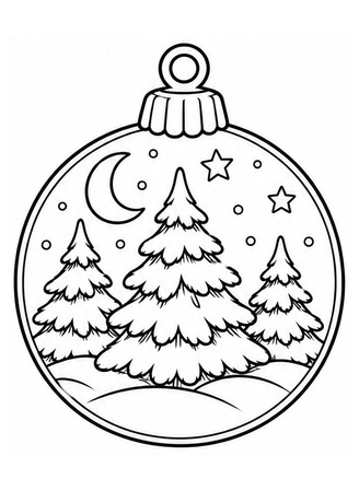 Ausmalbild Christbaumkugel mit Tannenwald