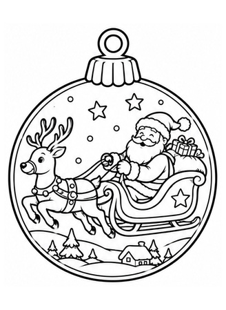 Ausmalbild Christbaumkugel mit Weihnachtsmann im Schlitten