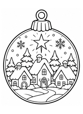 Ausmalbild Christbaumkugel mit Winterdorf