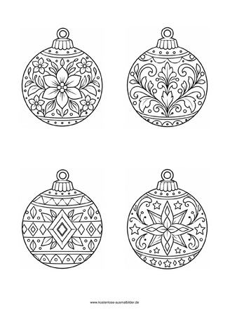 Ausmalbild Christbaumkugeln mit Blumen und Ornamenten