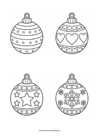 Ausmalbild Christbaumkugeln mit Herzen und Schneeflocken