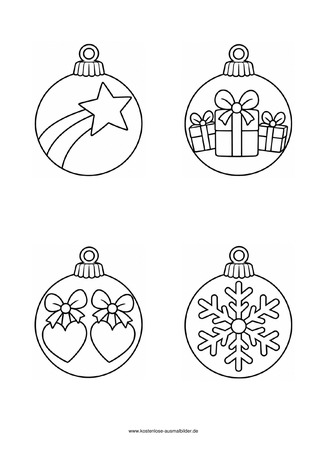 Ausmalbild Christbaumkugeln mit Sternschnuppe und Geschenken