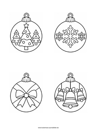Ausmalbild Christbaumkugeln mit Tannenbäumen und Glocken