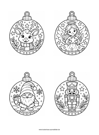Ausmalbild Christbaumkugeln mit Weihnachtsfiguren
