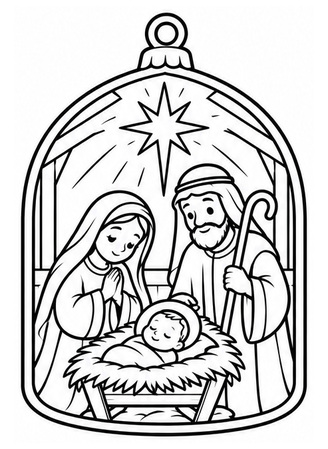 Ausmalbild Krippen Anhänger mit Heiliger Familie