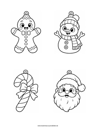 Ausmalbild Weihnachtsanhänger mit Lebkuchenmann und Schneemann